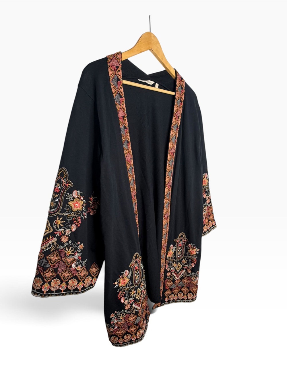 Soft Surroundings Black Embroidered Multicolor Kimono Open Cardigan 1X Boho - Picture 4 of 10